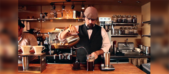 Pouring hot water into a french press