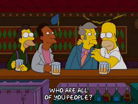 Meme: The Simpsons, at Moe's Tavern, asking who everyone is